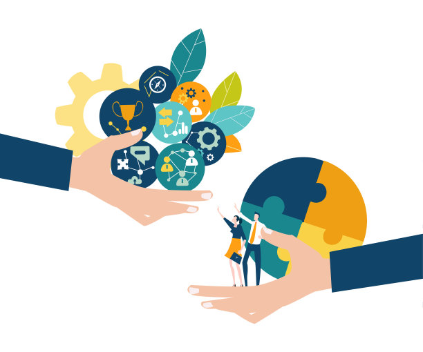 发展业务的商人。创业和咨询理念。手拿着图标和小人。业务概念说明图片下载