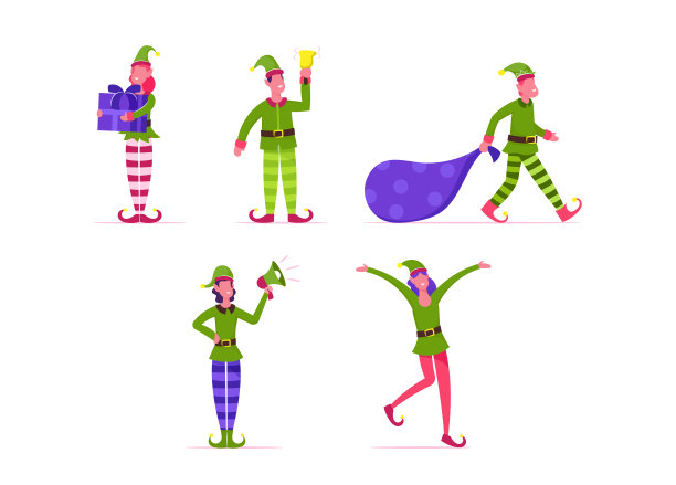一套可爱好玩的圣诞精灵。在绿色服装和条纹长袜的圣诞老人助手收集。新年快乐和圣诞快乐孤立的设计元素。卡通平面矢量插图图片下载