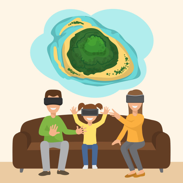 家人在沙发上用眼镜玩虚拟三维现实热带岛屿模拟游戏。数字娱乐矢量概念。创新玩装置，矢量插图。图片下载