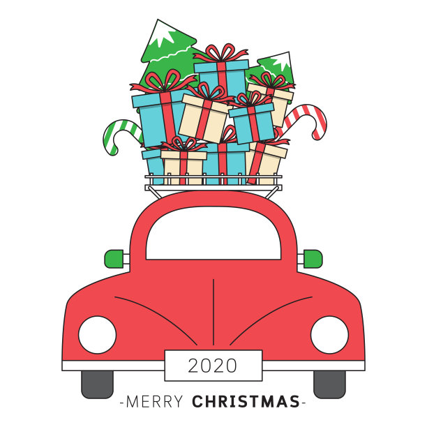 老式汽车与礼物盒和冷杉在屋顶架上在圣诞风格。图片下载