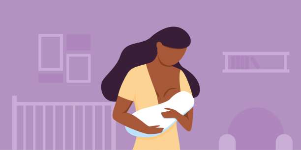 非洲裔妇女在育婴室哺乳她的新生儿。泌乳。母乳喂养周，快乐母亲节剪辑艺术。孩子喝的是女性的乳汁。一个孩子的房间。晚上图片下载