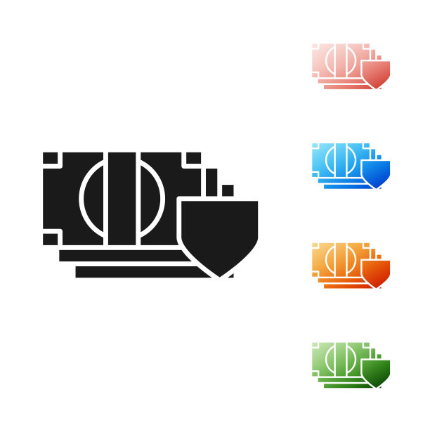 黑钱与盾牌图标隔离在白色背景。保险的概念。安全、安全、保护、保护理念。设置图标丰富多彩。矢量图图片下载