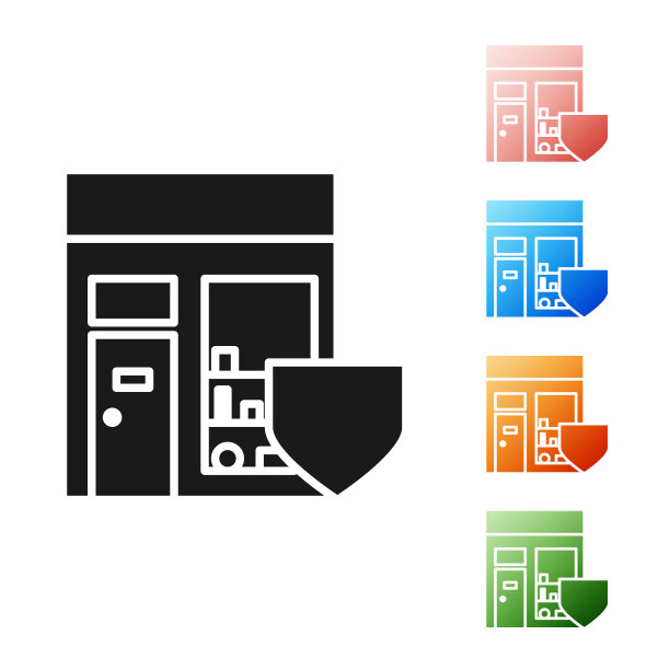 黑色购物大楼与盾牌图标隔离在白色背景。保险的概念。安全、安全、保护、保护理念。设置图标丰富多彩。矢量图图片下载