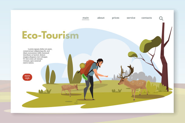 生态旅游网页模板。背包客和鹿平面矢量插图图片下载