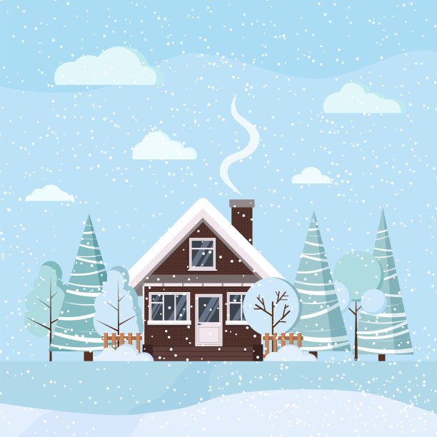 平面设计冬季雪景场景与现代砖房正面视图圣诞矢量背景插图。图片下载