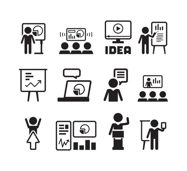 业务演示图标。培训教师谈话挂图商人演讲者会议厅导师群体人矢量符号图片下载