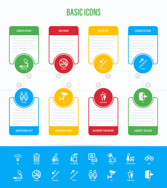 基本公共标志信息图与细线图标在圆圈和复制空间附近。Wi-fi，垃圾桶，残疾人，灭火器，停车场。细线图标。矢量插图。图片下载