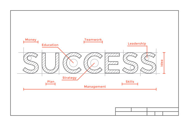 用Success word抽象非常规技术图纸。理念-商业教育，商业成功要素:领导力，金钱，技能，管理，战略，计划，团队合作，教育图片下载