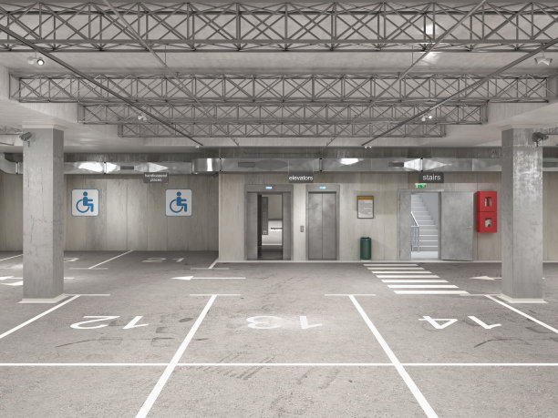 空的地下停车场，楼梯，电梯，13位，3d插图图片下载