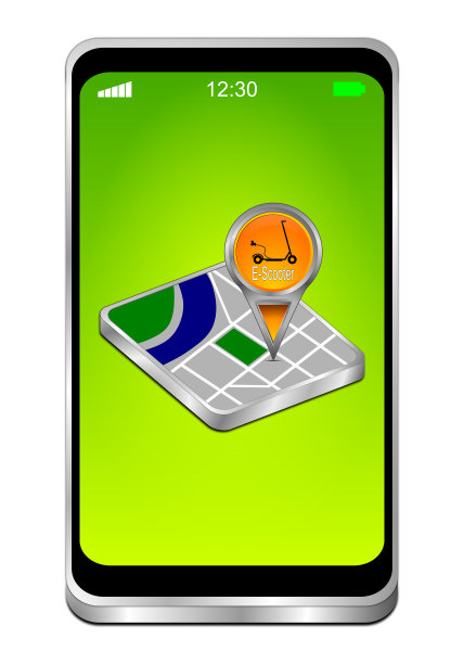 智能手机与地图指针与E-Scooter - 3D插图图片下载