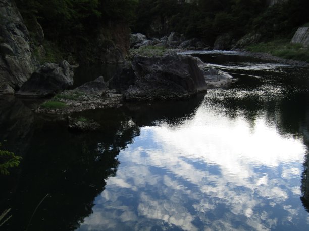 日落前十分钟。日本日光国家公园的Kinugawa河图片下载