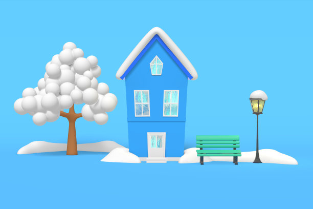 3d渲染冬季房子的屋顶上的雪，树，长凳下的复古路灯，雪堆在一个蓝色的背景图片下载