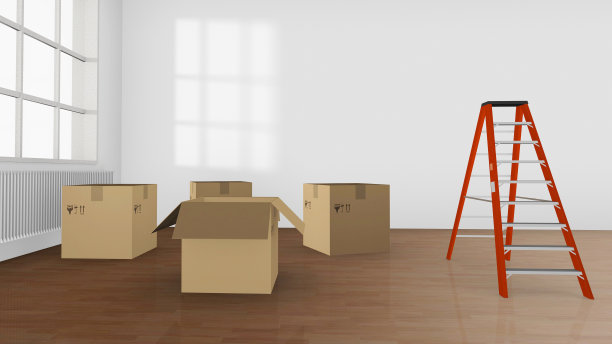3D插图空房间与纸箱和梯子图片下载