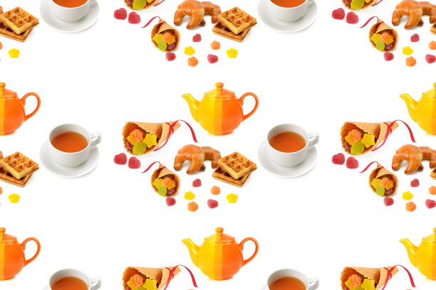 无缝模式。茶壶，茶杯，茶和糕点孤立在一个白色的背景。图片下载