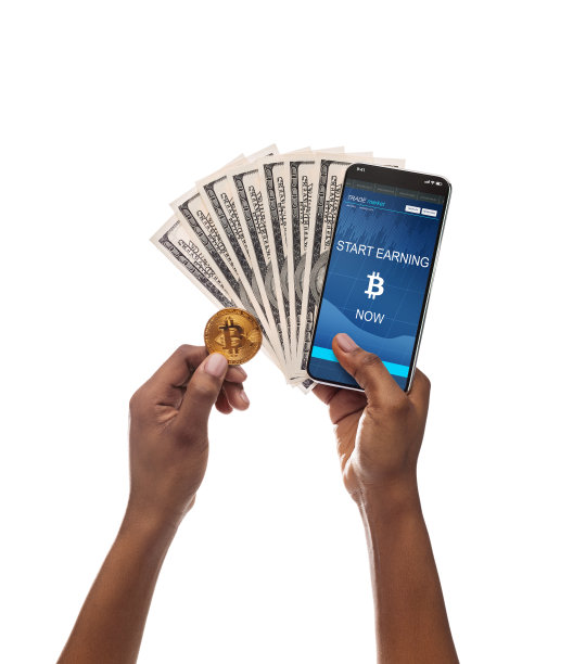 女性持有智能手机与交易应用程序，比特币和现金图片下载