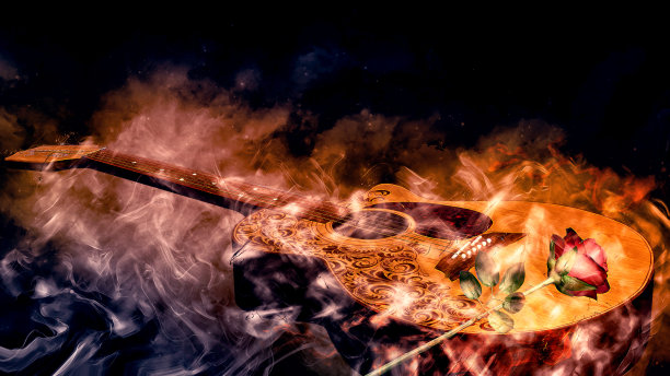 古典吉他上的红玫瑰图片下载