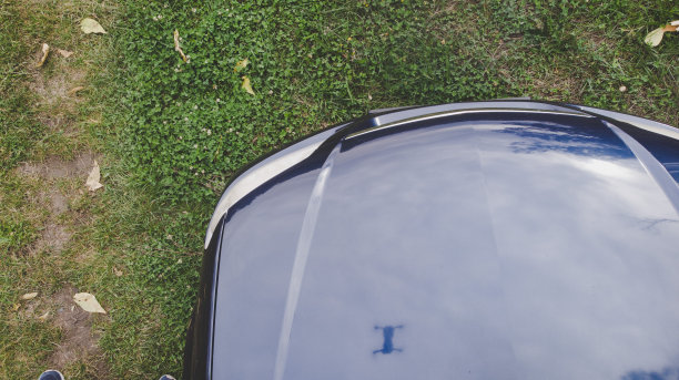 一辆蓝色汽车的鸟瞰图，道路，绿色的森林。库存图片图片下载