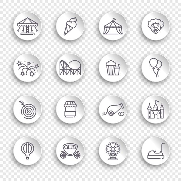 线性图标上的主题游乐园白色贴纸与透明阴影图片下载