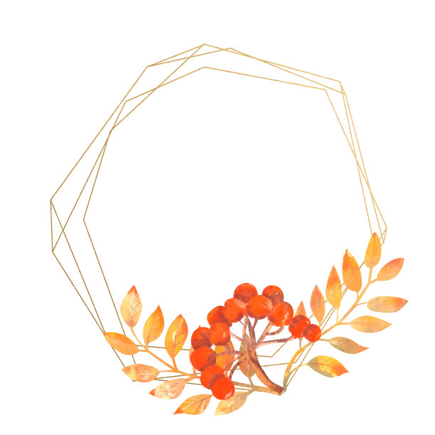 金色框架与秋叶和山灰在白色孤立的背景。水彩插图图片下载
