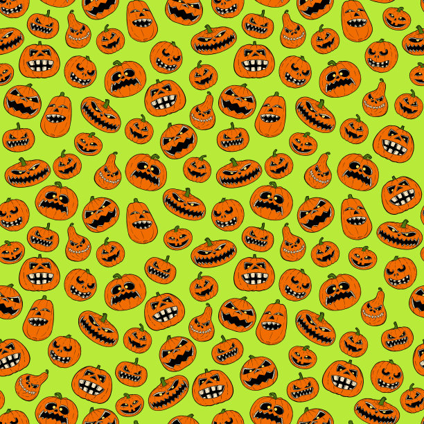 橙色万圣节南瓜在绿色背景，无缝花砖模式图片下载