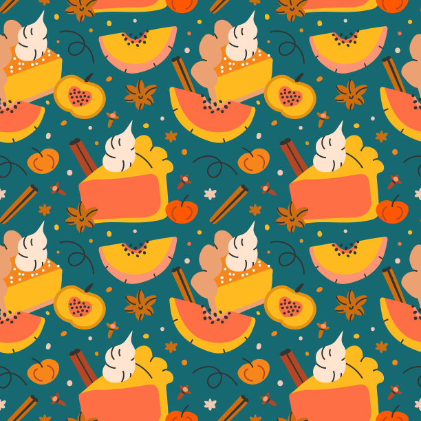 手绘无缝矢量模式与南瓜和香料馅饼装饰肉桂。无尽的背景与一块蛋糕图片下载