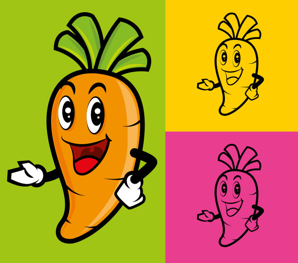 卡通可爱的胡萝卜吉祥物与手。向量的吉祥物图片下载