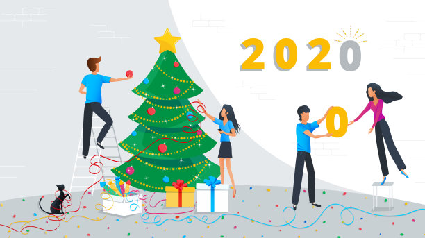 矢量插图的小企业正在装饰圣诞树在公司办公室工作。公司团队正在为2020年圣诞快乐和新年快乐的庆祝活动做准备图片下载