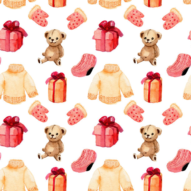 无缝背景与温暖的东西。毛衣，礼物，小熊，手套，白色背景的袜子图片下载