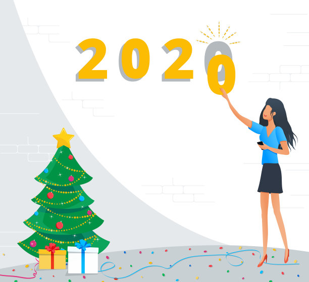 圣诞快乐和2020年新年快乐的金色数字的节日贺卡，年轻的商业女性准备迎接2020年的新年在办公室，装饰的圣诞树，礼盒和五彩纸屑图片下载