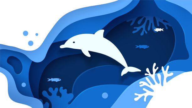 水下世界。纸艺术水下海洋概念与海豚剪影。剪纸海洋背景与海豚，波浪，鱼和珊瑚礁。拯救海洋。工艺矢量图图片下载
