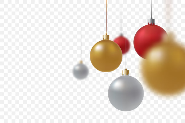 悬挂圣诞球靠近孤立的透明背景。金色，红色和银色的圣诞球与散焦效果。传统装饰为寒假。矢量插图。图片下载