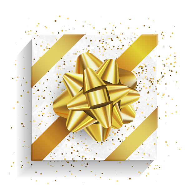 白色礼盒与大的金色蝴蝶结和丝带孤立在白色背景。圣诞和生日包装，庆祝现实礼盒，俯视图图片下载