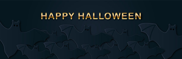 万圣节快乐剪纸横幅。分层飞行蝙蝠图标和金色文本。神秘的水平网页标题，卡通季节性布局。创意平面风格工艺人物，幻影。图片下载