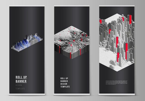 矢量布局，卷起横幅架，垂直传单，旗帜设计业务模板。大数据。动态几何背景。具有运动效果的立方体图案设计。3 d技术风格。图片下载