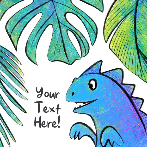 插图与恐龙在丛林。手绘恐龙和热带树叶。图片下载