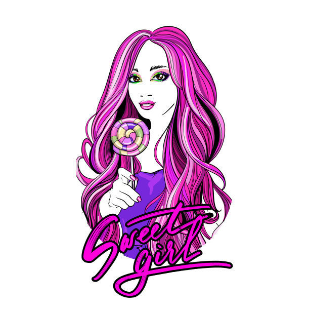 漂亮的年轻女孩，有着闪亮的粉红色波浪头发和明亮的妆容图片下载