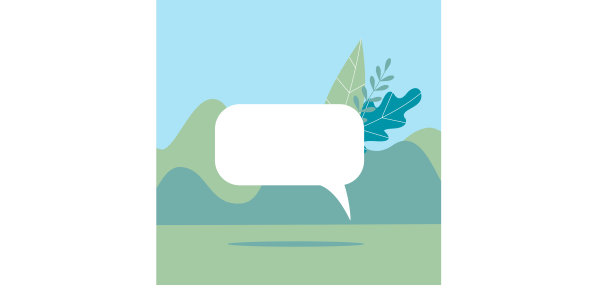 聊天气泡与树叶的风景背景与天空和山谷和山丘。用阴影和树叶谈论最小的泡泡。框架是空的，有拷贝空间。矢量插图。图片下载