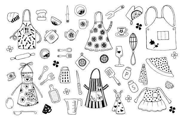 厨师的围裙和炊具。手绘矢量插图在涂鸦风格。图片下载