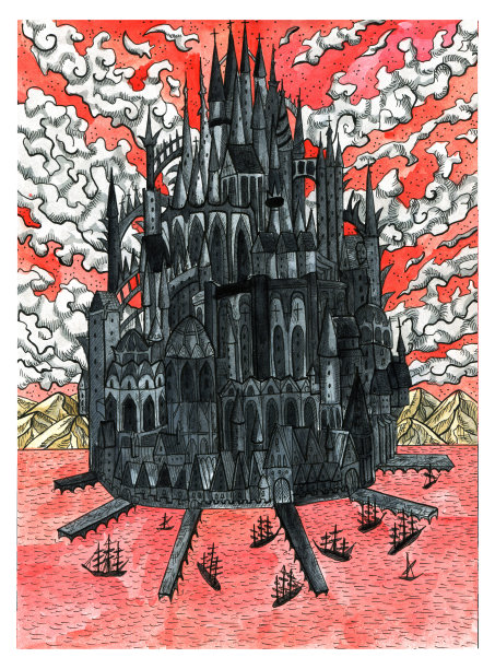 岛上的黑色中世纪城堡，有海港和船只，与云景相映图片下载