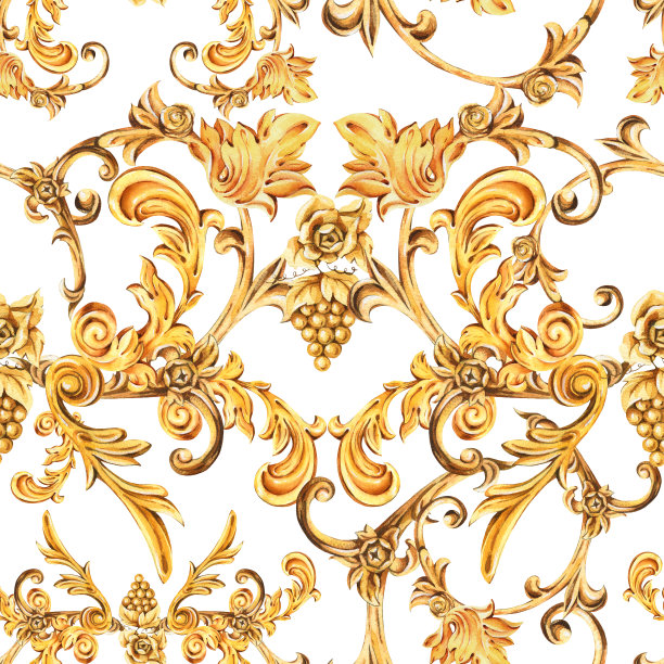 水彩金色巴洛克无缝花曲图案和葡萄玫瑰，洛可可装饰。图片下载
