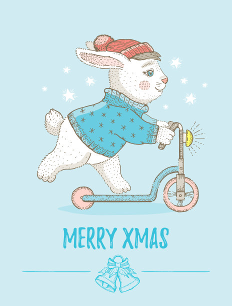 圣诞快乐卡。可爱的动物圣诞新年海报。卡通兔子宠物。手绘矢量插图孤立在蓝色背景。复古素描女孩，婴儿t恤印花设计或卡片图片下载