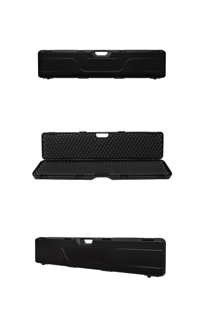 打开里面有泡沫的黑色塑料盒。武器箱孤立在白色背景上。图片下载