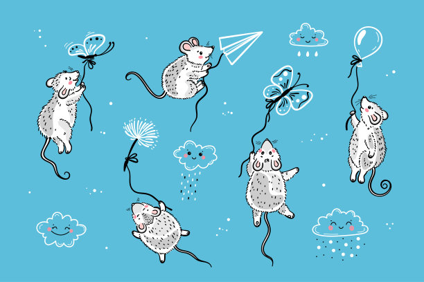 在多云的天空飞行可爱的老鼠或老鼠与气球，蒲公英，纸飞机和蝴蝶向量集。手绘卡通素描涂鸦小老鼠。婴儿淋浴设计。2020年中国新年素材图片