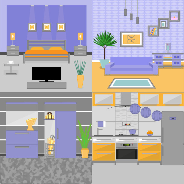 一套矢量内饰家具和设备。设计一个客厅，厨房，大厅，卧室。平面风格的室内概念。图片下载