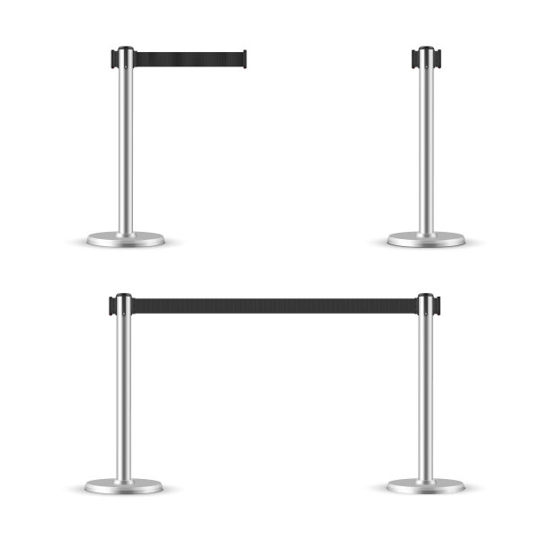 可伸缩的皮带支柱组。便携式带障碍。黑色条纹危险防护胶带。Chrome的支柱图片下载