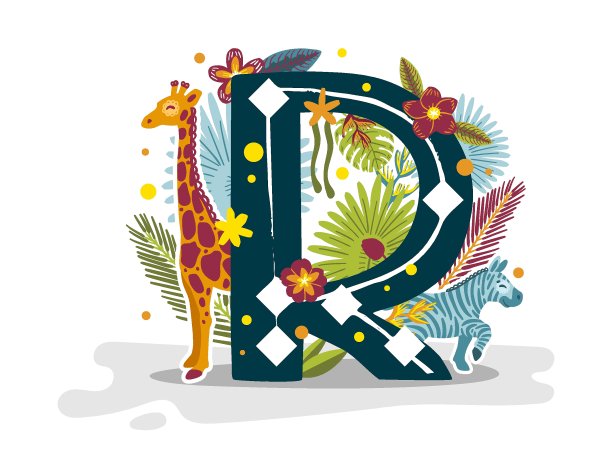 热带奇异的字母R，动物长颈鹿和斑马，鲜花。图片下载