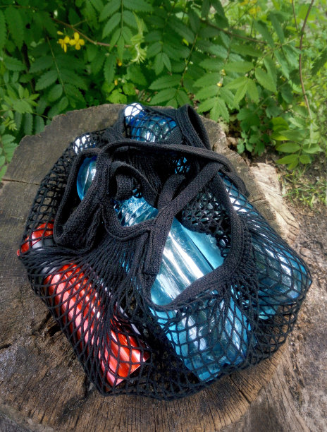 在森林的一个树桩上有一个黑色的网眼购物袋，里面装着塑料瓶水和热水瓶。图片下载