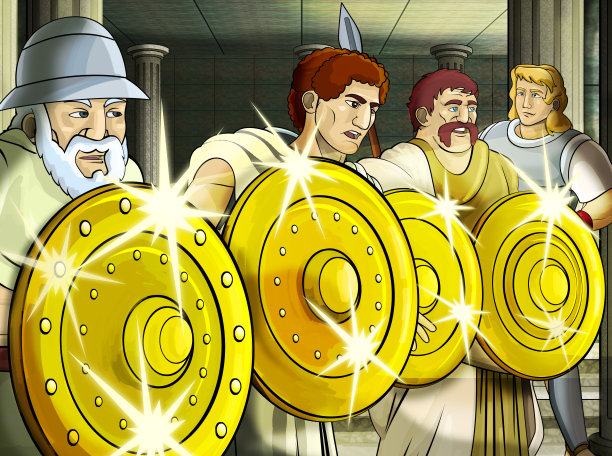 卡通场景与罗马或希腊战士古代人物附近的一些古老的建筑，如神庙图片下载