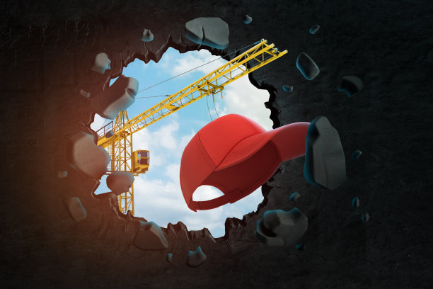 建筑起重机和红帽打破黑墙的三维渲染图片下载