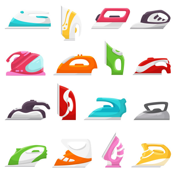 铁向量熨烫电器，洗衣，家务，插图讽刺家务一套热讽刺蒸汽设备隔离在白色的背景图片下载